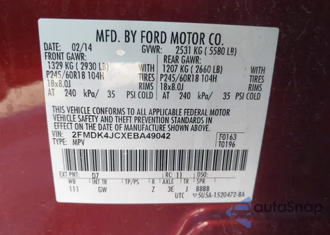 2014 Ford Edge Sel из США, поврежденный, VIN 2FMDK4JCXEBA49042